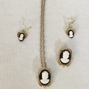 Vintage cameo set costume jewelry necklace brooch and screw back earrings